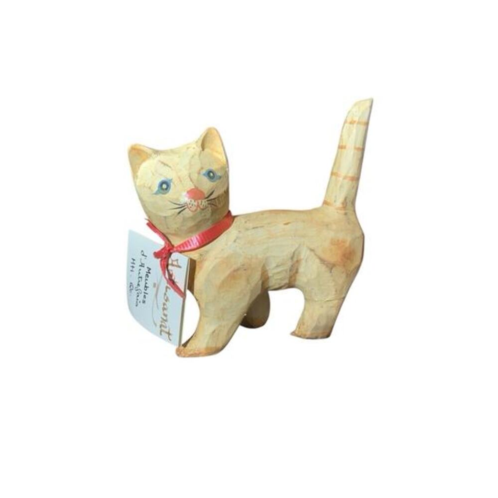 Artisanat Meubles d'Autrefois Montreal Quebec Cat Figure Wood Carved 4”Folk Art
